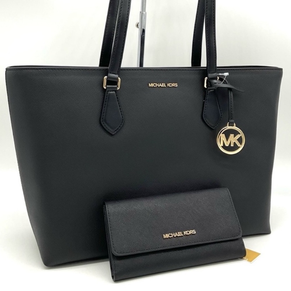 Michael Kors Bag Large Sheila Mf Tote Bag & Large Trifold Wallet Black/Gold - Picture 1 of 14